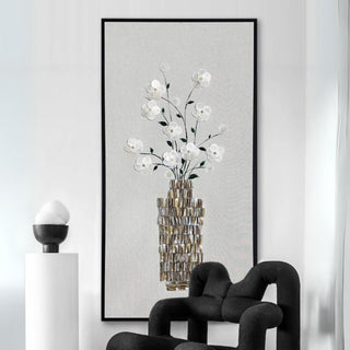 3D Handcrafted White Flowers with Real Shell Vase Wall Art | Sophisticated Floral Motif Canvas for Luxury Décor