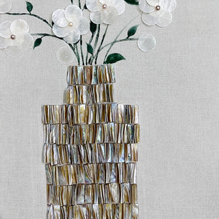 3D Handcrafted White Flowers with Real Shell Vase Wall Art | Sophisticated Floral Motif Canvas for Luxury Décor