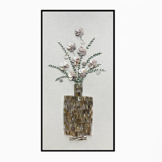 3D Handcrafted White Flowers with Real Shell Vase Wall Art | Sophisticated Floral Motif Canvas for Luxury Décor