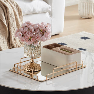 Champagne Gold Mirrored Decorative Tray | White & Chanterelle Leather Organizer