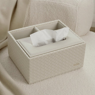 Elegant White Woven Tissue Box & Storage Tray Set – Luxury Desktop Organizer