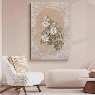 Hand-Painted Floral Wall Painting with Oval Motif | Handcrafted Panel with Elegant White Flowers