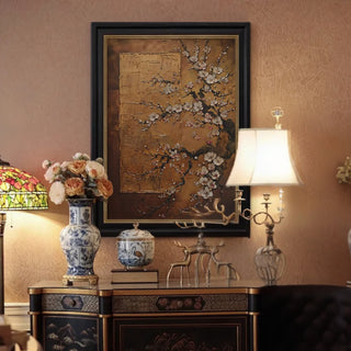 Hand-Painted Traditional Blossom Tree Spring Bloom Wall Art | Classic Black Framed