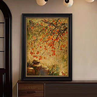 Hand-Painted Traditional Persimmon Tree Wall Art | Classic Black Framed