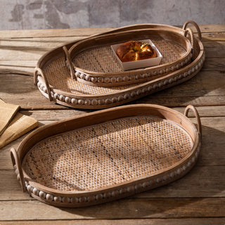 Handwoven Nesting Oval Woven Trays | Natural Rattan awith Handles | Versatile Rustic Serving