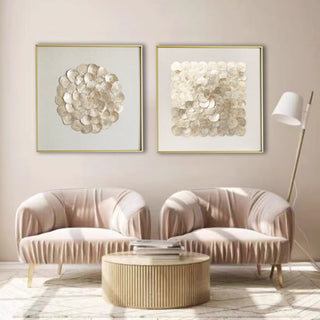 Luxury 3D Handcrafted Natural Shell Wall Art | Champagne Gold Framed | Square & Circle Shell Wall Décor