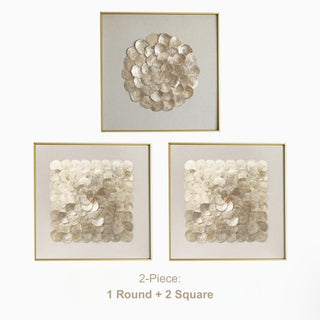 Luxury 3D Handcrafted Natural Shell Wall Art | Champagne Gold Framed | Square & Circle Shell Wall Décor