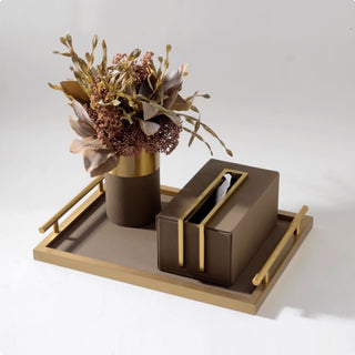 Luxury Brown Leather & Gold Accent Organizer Set | Desktop Storage Solution