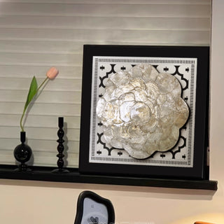Luxury Elegant 3D Handcrafted White Shell Mother of Pearl Bloom Rosette Sculpted Wall Decor | Black Framed