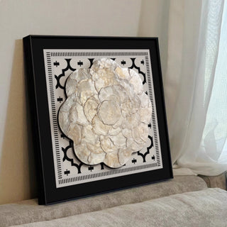 Luxury Elegant 3D Handcrafted White Shell Mother of Pearl Bloom Rosette Sculpted Wall Decor | Black Framed