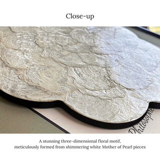 Luxury Elegant 3D Handcrafted White Shell Mother of Pearl Bloom Rosette Sculpted Wall Decor | Black Framed