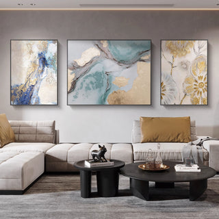 Luxury Hand-Painted Fluid Teal & Gold Abstract Art Trio (Set of 3) | Contemporary Framed Triptych Canvas