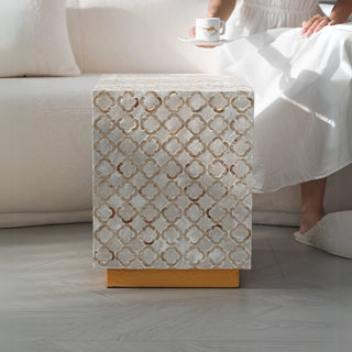 Luxury Shimmering Mother of Pearl Inlay End Table | White Shell Pattern Side Table