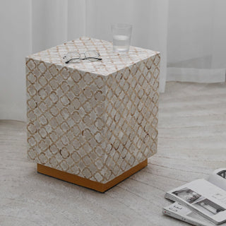 Luxury Shimmering Mother of Pearl Inlay End Table | White Shell Pattern Side Table
