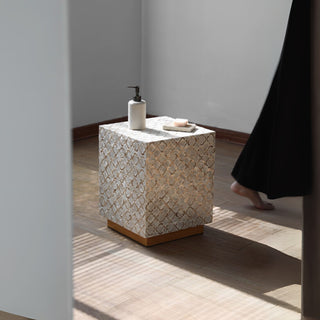 Luxury Shimmering Mother of Pearl Inlay End Table | White Shell Pattern Side Table