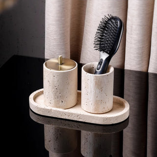 Luxury Bathroom Counter Beige Travertine Stone Organizer Set | Spa-Inspired Toiletries Tray, Liquid Soap Dispenser & Tumbler Set
