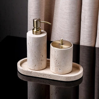 Luxury Bathroom Counter Beige Travertine Stone Organizer Set | Spa-Inspired Toiletries Tray, Liquid Soap Dispenser & Tumbler Set