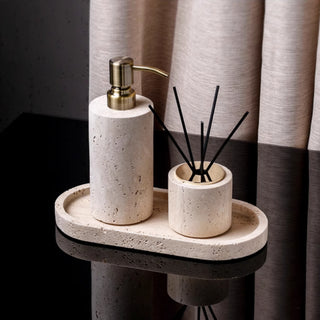 Luxury Bathroom Counter Beige Travertine Stone Organizer Set | Spa-Inspired Toiletries Tray, Liquid Soap Dispenser & Tumbler Set