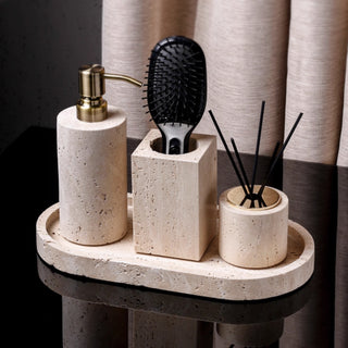 Luxury Bathroom Counter Beige Travertine Stone Organizer Set | Spa-Inspired Toiletries Tray, Liquid Soap Dispenser & Tumbler Set