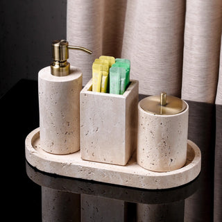 Luxury Bathroom Counter Beige Travertine Stone Organizer Set | Spa-Inspired Toiletries Tray, Liquid Soap Dispenser & Tumbler Set