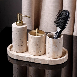 Luxury Bathroom Counter Beige Travertine Stone Organizer Set | Spa-Inspired Toiletries Tray, Liquid Soap Dispenser & Tumbler Set