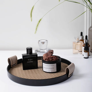 Modern Leather Round Organizer Tray | Black with Woven Base & Canvas Handles | Chic & Functional Vanity or Bar Tray