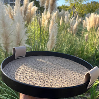 Modern Leather Round Organizer Tray | Black with Woven Base & Canvas Handles | Chic & Functional Vanity or Bar Tray