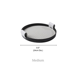 Modern Leather Round Organizer Tray | Black with Woven Base & Canvas Handles | Chic & Functional Vanity or Bar Tray
