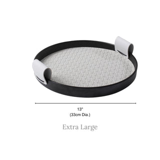 Modern Leather Round Organizer Tray | Black with Woven Base & Canvas Handles | Chic & Functional Vanity or Bar Tray