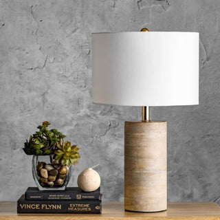 Modern Natural Wood Table Lamp | Textured Cylinder Base & White Drum Shade | Modern Farmhouse Lighting