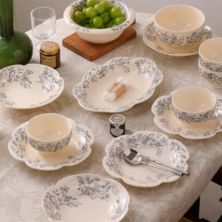 Shabby Chic Farmhouse Ceramic Blue Floral Tea & Dining Set | Scalloped Edge