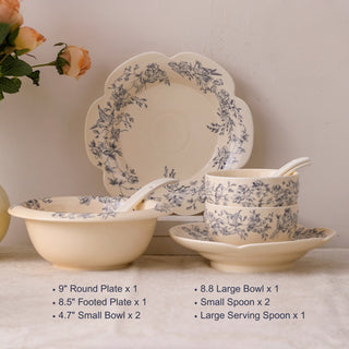 Shabby Chic Farmhouse Ceramic Blue Floral Tea & Dining Set | Scalloped Edge