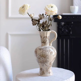 Vintage Inspired Ceramic Decorative Vase | Farmhouse Cream & Brown Accent Pitcher